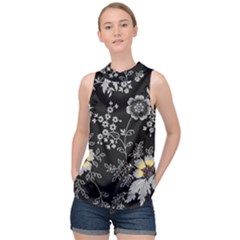 Black Background With Gray Flowers, Floral Black Texture High Neck Satin Top by nateshop