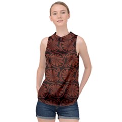 Brown Floral Pattern Floral Greek Ornaments High Neck Satin Top by nateshop