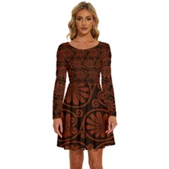 Brown Floral Pattern Floral Greek Ornaments Long Sleeve Wide Neck Velvet Dress by nateshop