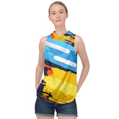 Colorful Paint Strokes High Neck Satin Top by nateshop