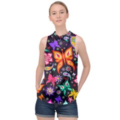 Floral Butterflies High Neck Satin Top by nateshop