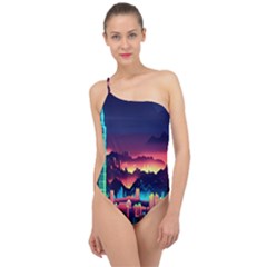 Cityscape Building Painting 3d City Illustration Classic One Shoulder Swimsuit by Bedest