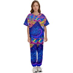 Blue And Purple Mountain Painting Psychedelic Colorful Lines Kids  T-shirt And Pants Sports Set by Bedest