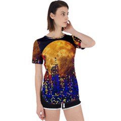 Skyline Frankfurt Abstract Moon Perpetual Short Sleeve T-shirt by Cemarart