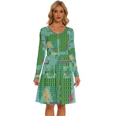 Green Retro Games Pattern Long Sleeve Dress With Pocket by Cemarart