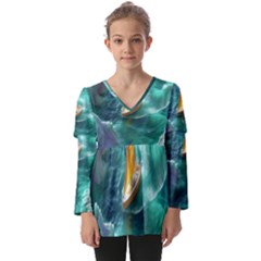 Double Exposure Flower Kids  V Neck Casual Top by Cemarart