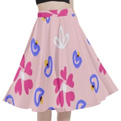 Flower Heart Print Pattern Pink A-line Full Circle Midi Skirt With Pocket by Cemarart