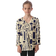 Elegant Hairdresser Pattern Cream Kids  V Neck Casual Top by TetiBright