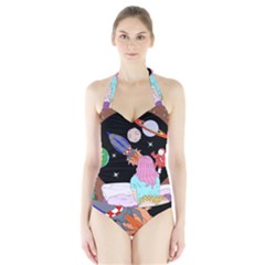 Girl Bed Space Planets Spaceship Rocket Astronaut Galaxy Universe Cosmos Woman Dream Imagination Bed Halter Swimsuit by Maspions