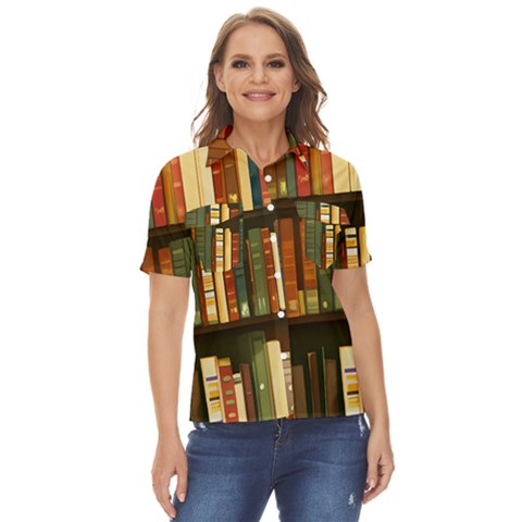 Books Bookshelves Library Fantasy Apothecary Book Nook Literature Study Women s Short Sleeve Double Pocket Shirt by Grandong