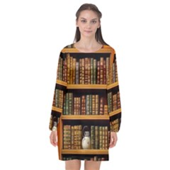 Room Interior Library Books Bookshelves Reading Literature Study Fiction Old Manor Book Nook Reading Long Sleeve Chiffon Shift Dress  by Grandong