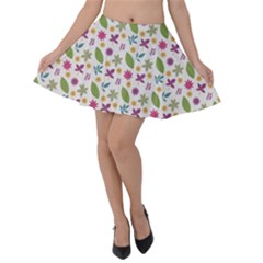 Pattern Flowers Leaves Green Purple Pink Velvet Skater Skirt by Maspions