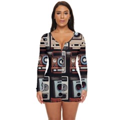 Retro Cameras Old Vintage Antique Technology Wallpaper Retrospective Long Sleeve Boyleg Swimsuit by Grandong