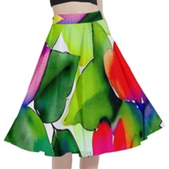 Watercolor Flowers Leaves Foliage Nature Floral Spring A-line Full Circle Midi Skirt With Pocket by Maspions