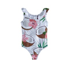 Seamless Pattern Coconut Piece Palm Leaves With Pink Hibiscus Kids  Frill Swimsuit by Apen