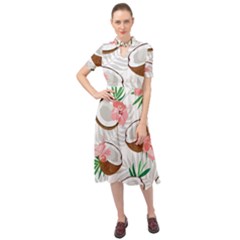 Seamless Pattern Coconut Piece Palm Leaves With Pink Hibiscus Keyhole Neckline Chiffon Dress by Apen