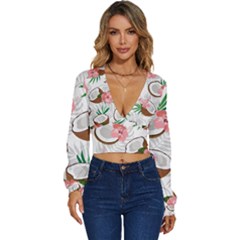 Seamless Pattern Coconut Piece Palm Leaves With Pink Hibiscus Long Sleeve Deep-v Velour Top by Apen