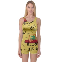 Childish Seamless Pattern With Dino Driver One Piece Boyleg Swimsuit by Apen