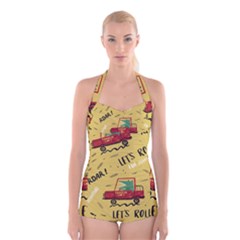 Childish Seamless Pattern With Dino Driver Boyleg Halter Swimsuit  by Apen