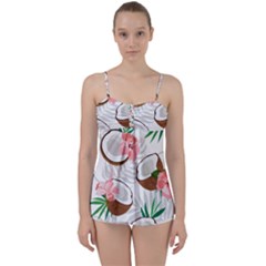 Seamless Pattern Coconut Piece Palm Leaves With Pink Hibiscus Babydoll Tankini Top by Apen