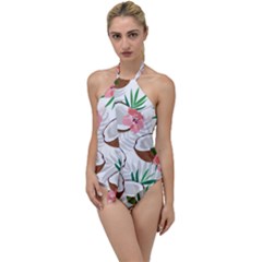 Seamless Pattern Coconut Piece Palm Leaves With Pink Hibiscus Go With The Flow One Piece Swimsuit by Apen