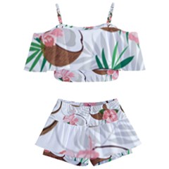 Seamless Pattern Coconut Piece Palm Leaves With Pink Hibiscus Kids  Off Shoulder Skirt Bikini by Apen