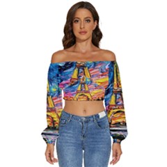 Eiffel Tower Starry Night Print Van Gogh Long Sleeve Crinkled Weave Crop Top by Maspions