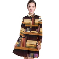 Book Nook Books Bookshelves Comfortable Cozy Literature Library Study Reading Room Fiction Entertain Long Sleeve Chiffon Shirt Dress by Maspions