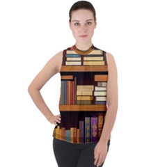 Book Nook Books Bookshelves Comfortable Cozy Literature Library Study Reading Room Fiction Entertain Mock Neck Chiffon Sleeveless Top by Maspions