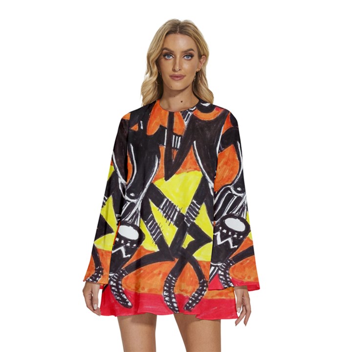 1422 ErickSays tribal Round Neck Long Sleeve Bohemian Style Chiffon Mini Dress