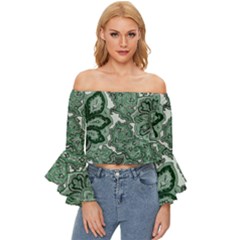 Green Ornament Texture, Green Flowers Retro Background Off Shoulder Flutter Bell Sleeve Top by nateshop