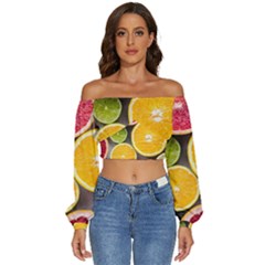 Oranges, Grapefruits, Lemons, Limes, Fruits Long Sleeve Crinkled Weave Crop Top by nateshop