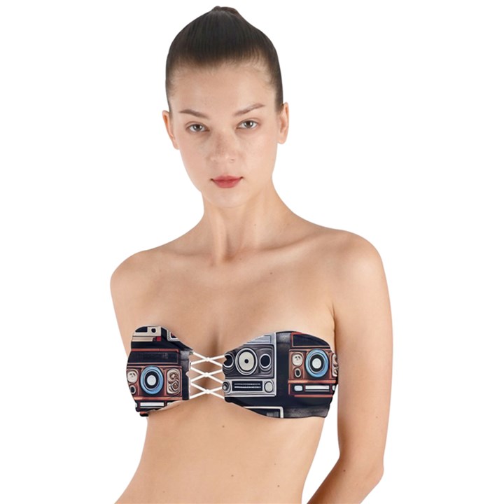 Retro Cameras Old Vintage Antique Technology Wallpaper Retrospective Twist Bandeau Bikini Top