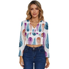 Pen Peacock Colors Colored Pattern Long Sleeve V-neck Top by Maspions