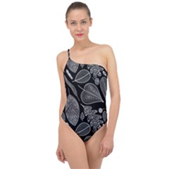 Leaves Flora Black White Nature Classic One Shoulder Swimsuit by Maspions