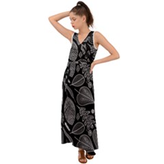 Leaves Flora Black White Nature V-neck Chiffon Maxi Dress by Maspions