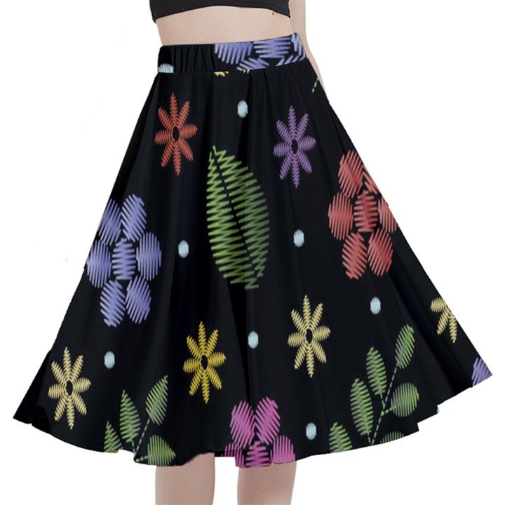 Embroidery Seamless Pattern With Flowers A-Line Full Circle Midi Skirt With Pocket