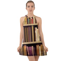 Books Bookshelves Office Fantasy Background Artwork Book Cover Apothecary Book Nook Literature Libra Halter Tie Back Chiffon Dress by Posterlux