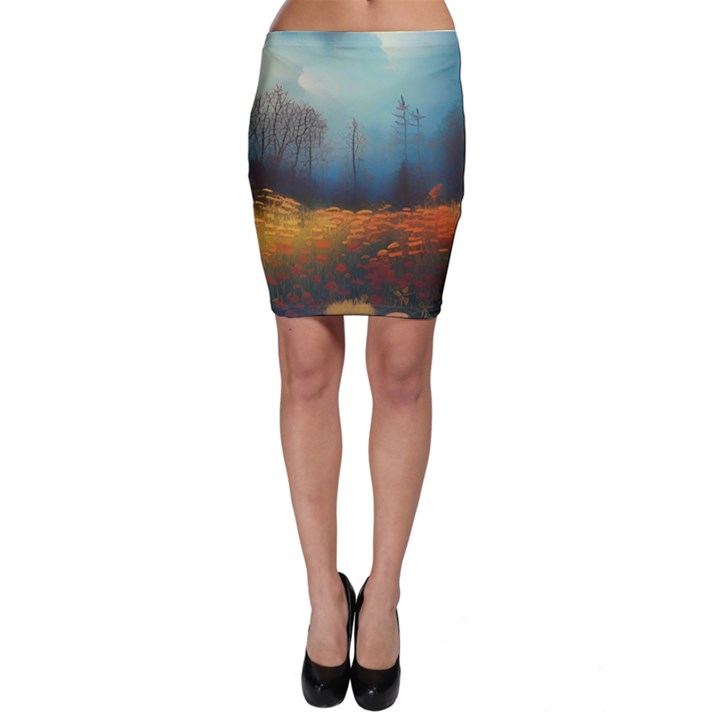 Wildflowers Field Outdoors Clouds Trees Cover Art Storm Mysterious Dream Landscape Bodycon Skirt