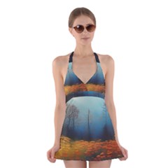 Wildflowers Field Outdoors Clouds Trees Cover Art Storm Mysterious Dream Landscape Halter Dress Swimsuit  by Posterlux