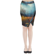 Wildflowers Field Outdoors Clouds Trees Cover Art Storm Mysterious Dream Landscape Midi Wrap Pencil Skirt by Posterlux