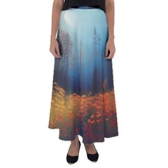 Wildflowers Field Outdoors Clouds Trees Cover Art Storm Mysterious Dream Landscape Flared Maxi Skirt by Posterlux