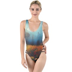 Wildflowers Field Outdoors Clouds Trees Cover Art Storm Mysterious Dream Landscape High Leg Strappy Swimsuit by Posterlux