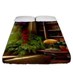 Room Interior Library Books Bookshelves Reading Literature Study Fiction Old Manor Book Nook Reading Fitted Sheet (king Size) by Posterlux