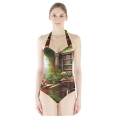 Room Interior Library Books Bookshelves Reading Literature Study Fiction Old Manor Book Nook Reading Halter Swimsuit by Posterlux