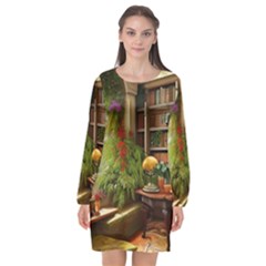 Room Interior Library Books Bookshelves Reading Literature Study Fiction Old Manor Book Nook Reading Long Sleeve Chiffon Shift Dress  by Posterlux