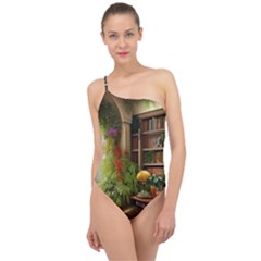 Room Interior Library Books Bookshelves Reading Literature Study Fiction Old Manor Book Nook Reading Classic One Shoulder Swimsuit by Posterlux