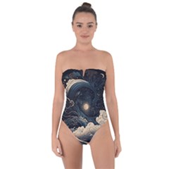 Starry Sky Moon Space Cosmic Galaxy Nature Art Clouds Art Nouveau Abstract Tie Back One Piece Swimsuit by Posterlux