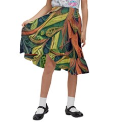 Outdoors Night Setting Scene Forest Woods Light Moonlight Nature Wilderness Leaves Branches Abstract Kids  Ruffle Flared Wrap Midi Skirt by Posterlux