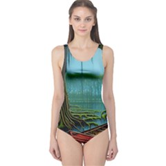 Boat Canoe Swamp Bayou Roots Moss Log Nature Scene Landscape Water Lake Setting Abandoned Rowboat Fi One Piece Swimsuit by Posterlux